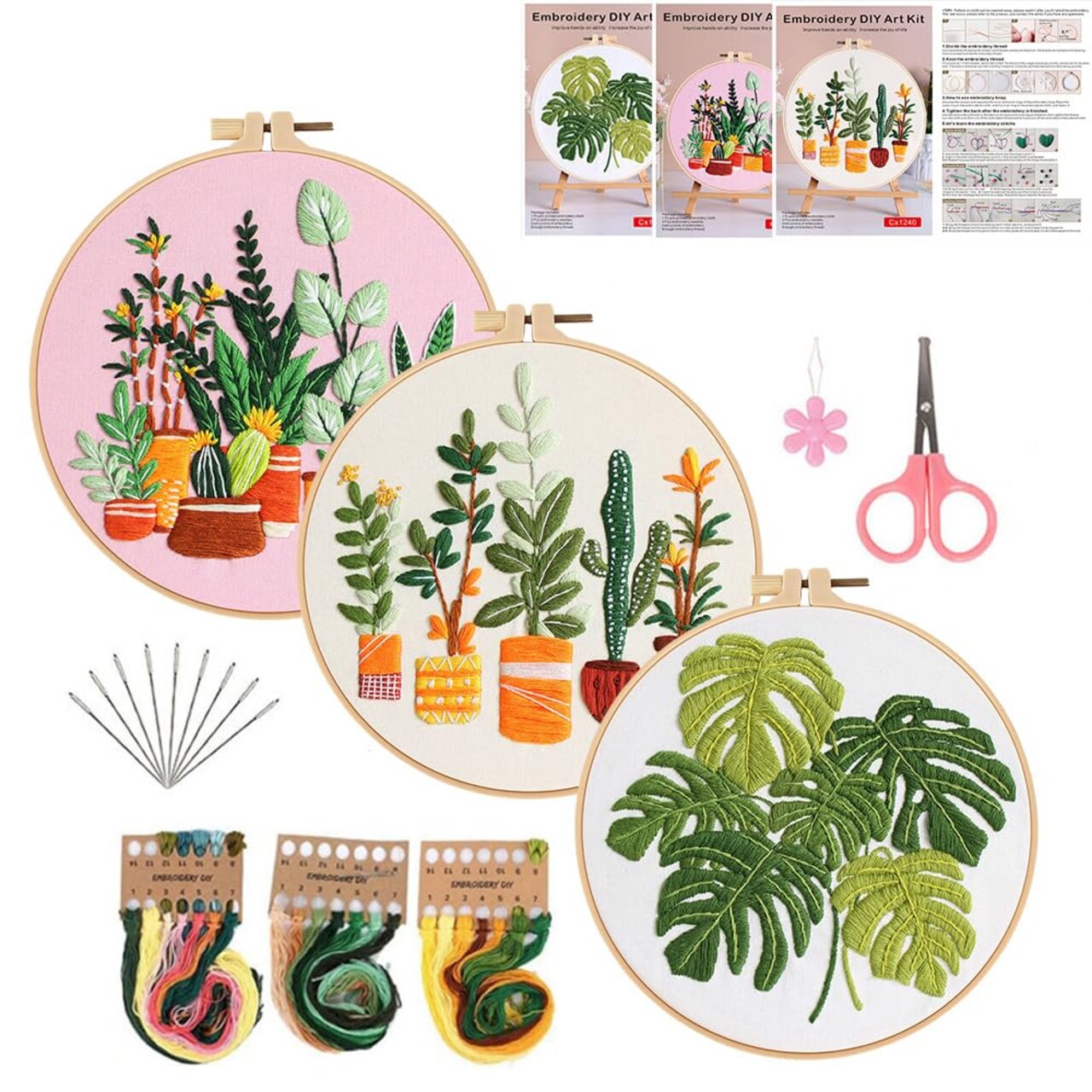 Embroidery Kits for Adults Beginner, European Style Garden Plant Green Leaf Stamped Embroidery Starter Kit,DIY Sewing Practice, Needlepoint Cross Stitch Kit,Set of 3